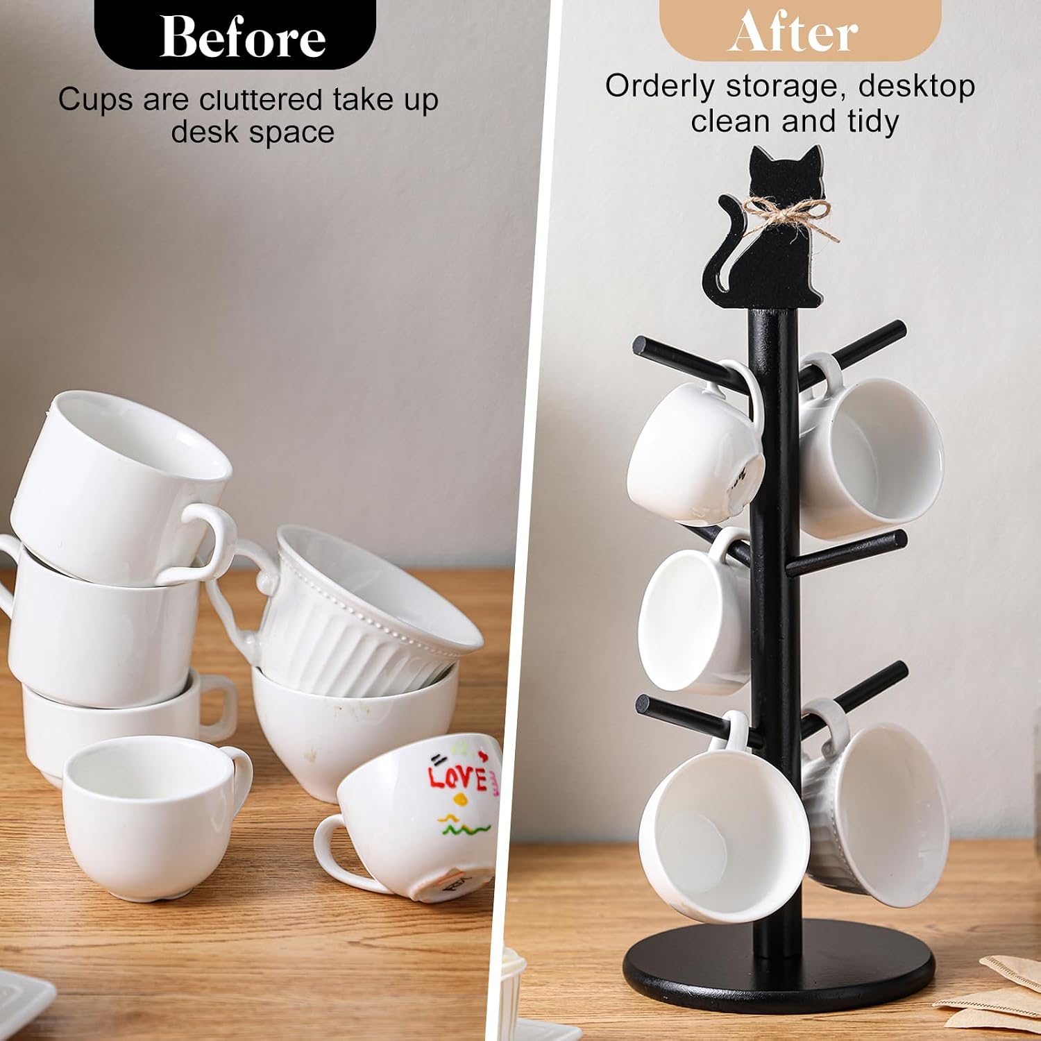 Black Cat Mug Tree with 6 Hooks Gothic Coffee Cup Holder Stand