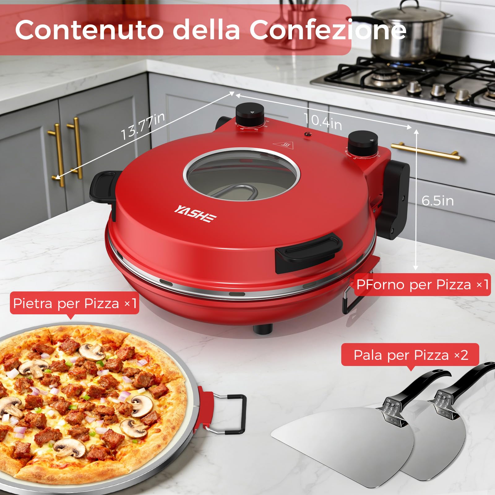 YASHE Forno Pizza Elettrico 400°C, 1200W, Pizza Pronta in 4–6 Minuti | Pietra Refrattaria 30 cm, Doppio Riscaldamento, Forno Per Pizza Da Interno , Timer, Finestra, Portatile