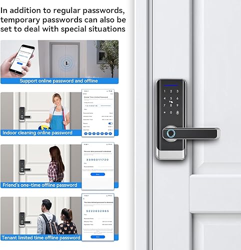 Miniatura 5 de Cerradura de puerta delantera inteligente con manija de palanca, teclado de entrada sin llave, cerrojo de huella dactilar, control de aplicación,