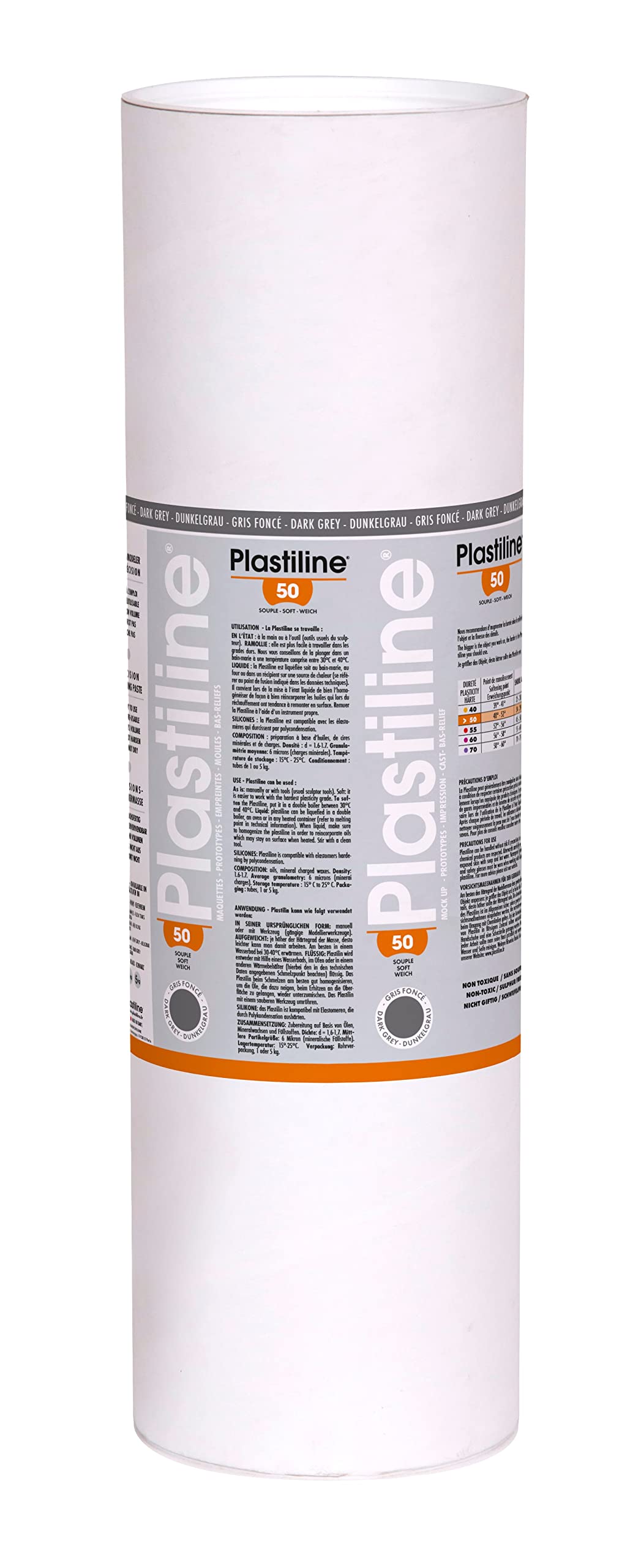 10750T - Tubo di Plastiline - Pasta modellabile, alta precisione - Modellare, scolpire, plasmare - durezza 50 (morbida) - 10 kg - Colore Grigio scuro. Prodotto in Francia
