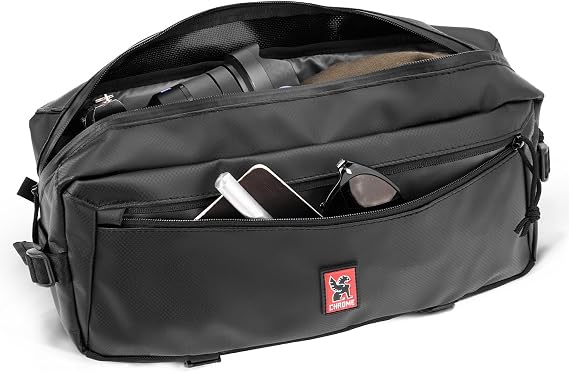 Chrome Industries Kadet Sling Messenger Bag - Low Profile Crossbody Pack Our Signature Belt Buckle Closure, Black Tarp Chrome, 9 Liter