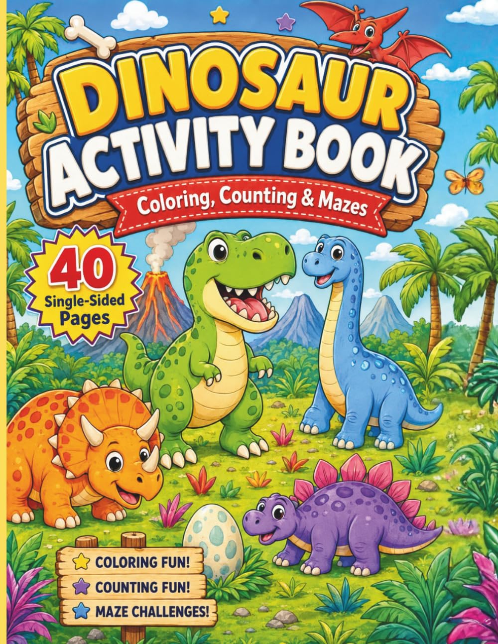 Dinosaur Activity Book: Coloring, Counting & Mazes for Kids Ages 4-8, Interactive Coloring Book
