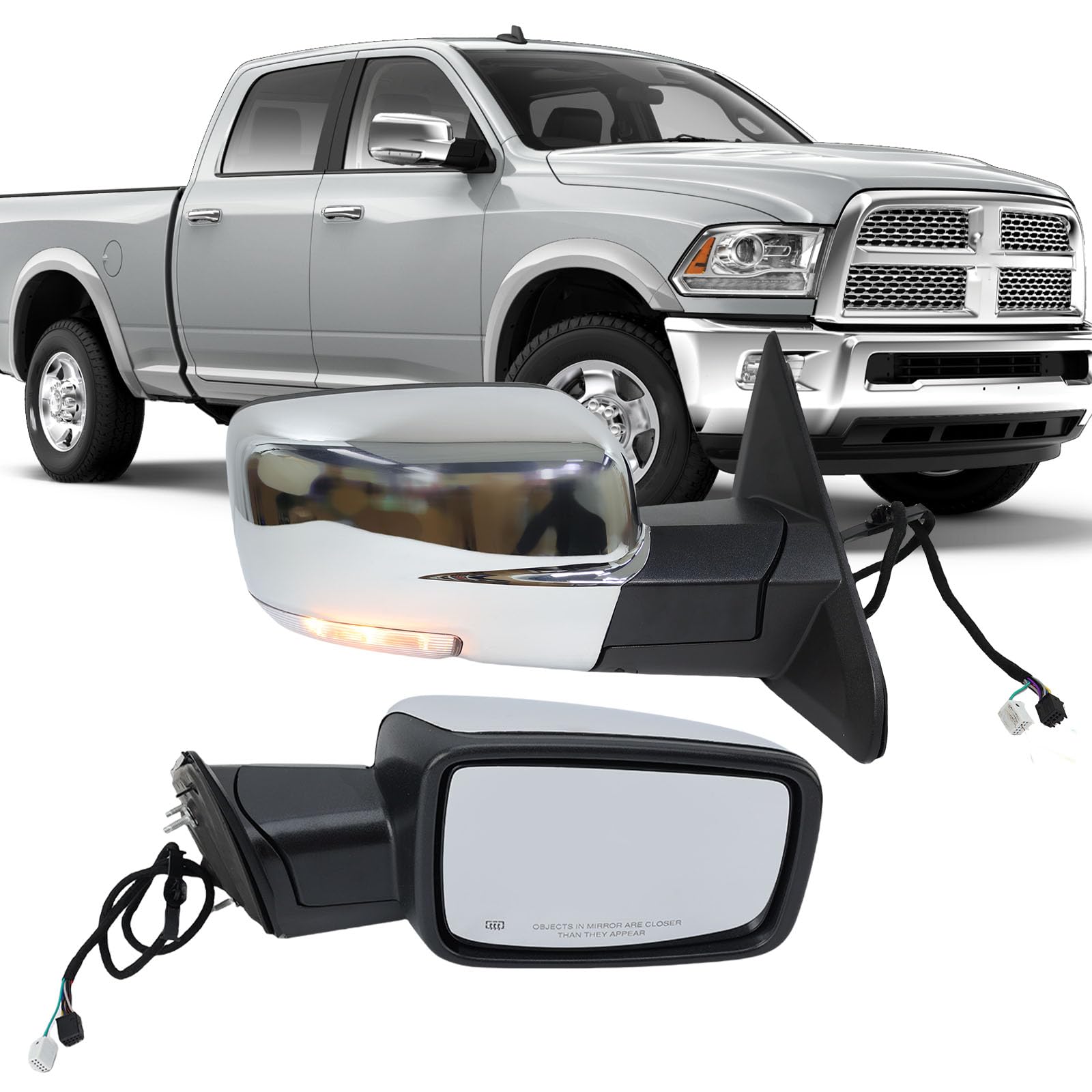 Passenger Side Mirror Compatible with 2013-2018 Dodge Ram 1500 2500 3500 Mirrors with Heated Puddle Lamp Tuning LED Signal Power Fold (Chrome)