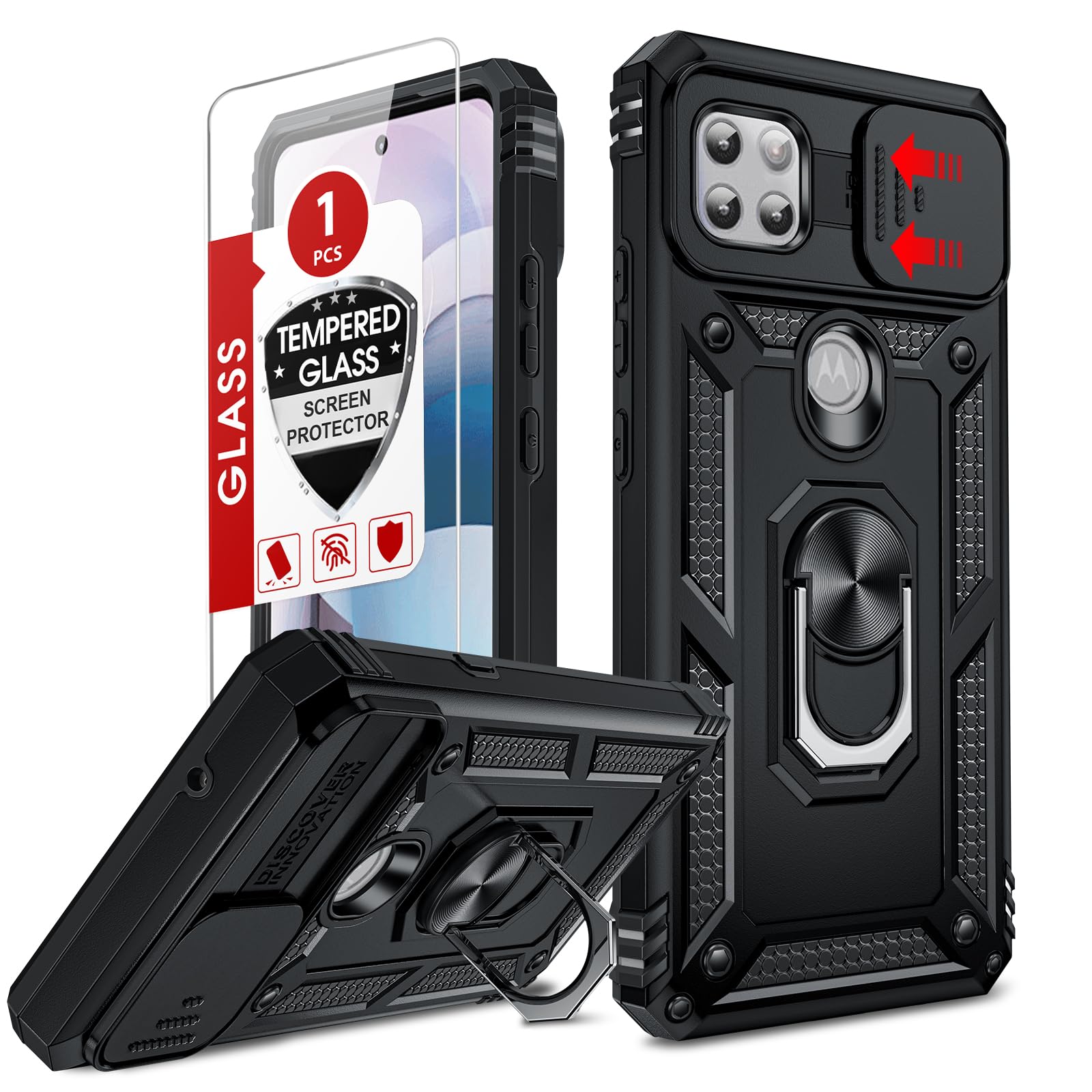 LeYi for Motorola One-5G Ace Case: Motorola One 5G UW Ace Case with Slide Camera Cover and Screen Protector, Shockproof Unlocked Phone Cover with Magnetic Ring Stand Funda para Moto One 5 G Ace, Black