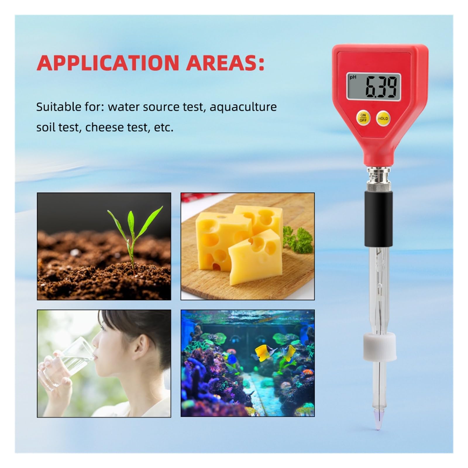 Lebensmittel-pH-Tester, digitales pH-Messgerät, scharfe Glaselektrode for Wasser, Milch, Käse, Boden, Lebensmittel,Präziser Tester(Ph-98108)