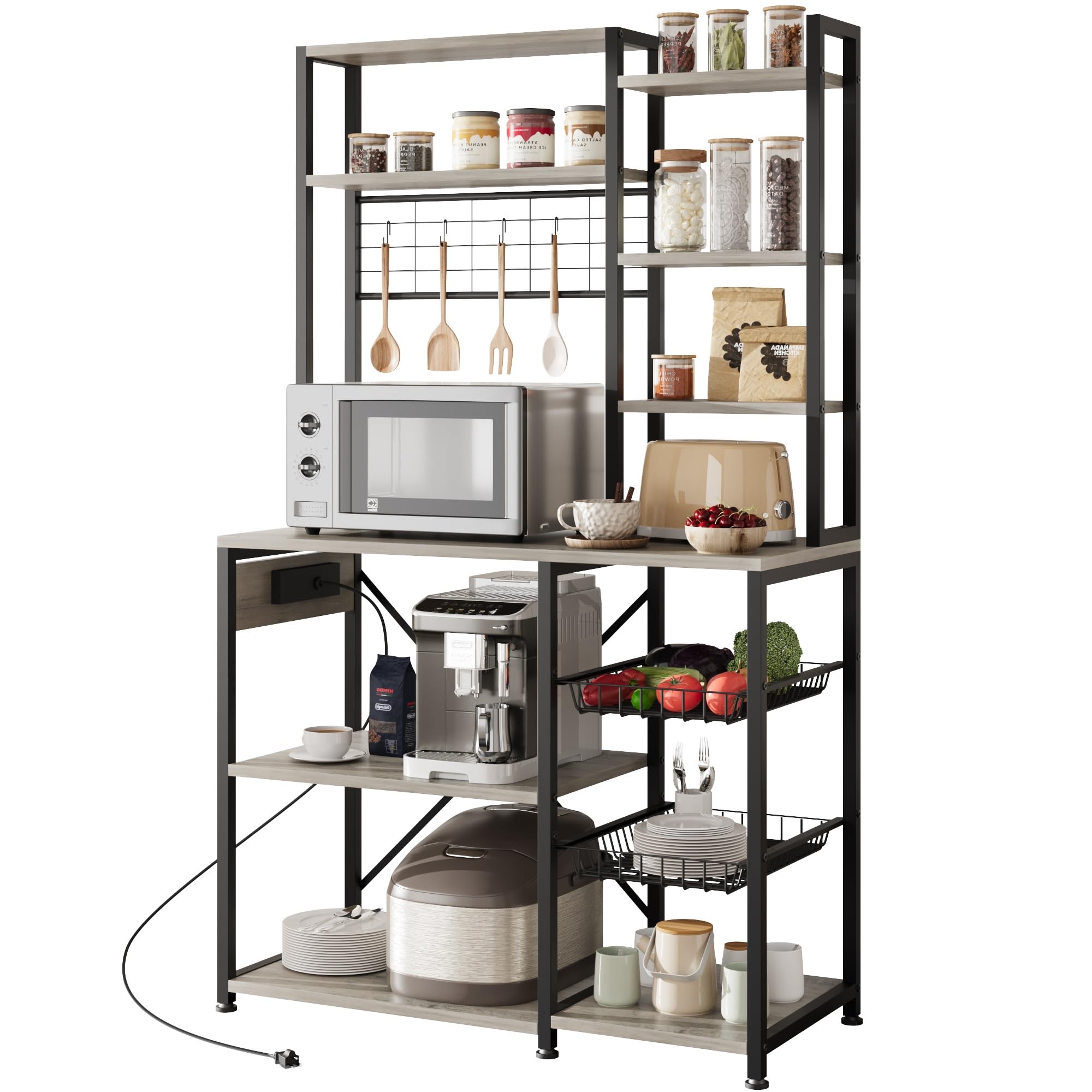 Zstar Estante De Almacenamiento De Cocina De Estilo Industrial con Enchufes y Ganchos, Múltiples Estantes, Amplio Espacio De Almacenamiento, Barra De Café, Gabinete para Microondas