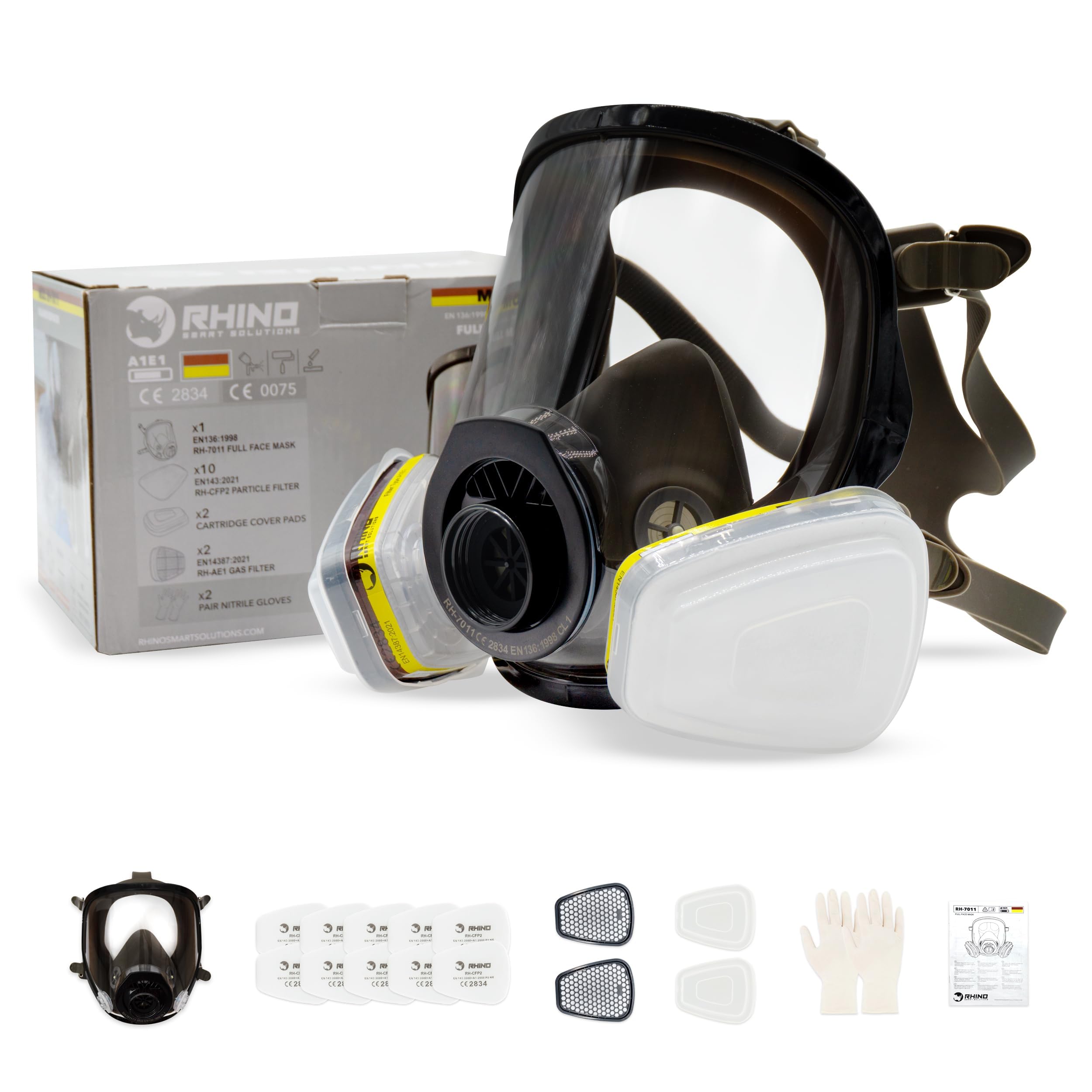 Full Face Respirator Gas Mask RHINO RH-7011 for Organic Vapor, Chemical, Sanding, Dust, Paint Spraying (+ Acid Gas) Including Replacement Filters and Protection Gloves