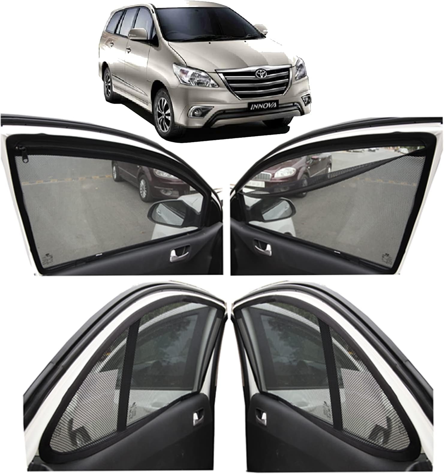 Autofact Magnetic Car Sunshades Compatible with Toyota Innova Old (2004 to 2015) (Set of 4) – Easy Installation, UV Protection, Keeps Car Cool (Front 2 with Zippers, Rear 2 Without Zippers)