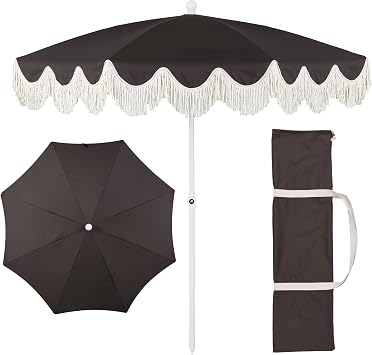 JONATHAN Y Mariner 6.5 ft. Beach Umbrella, Black Solid with Fringe, Push-Button Tilt, UPF 50+ Sun Protection and Carrying Bag for Patio and Pool, White Pole UMB1005R