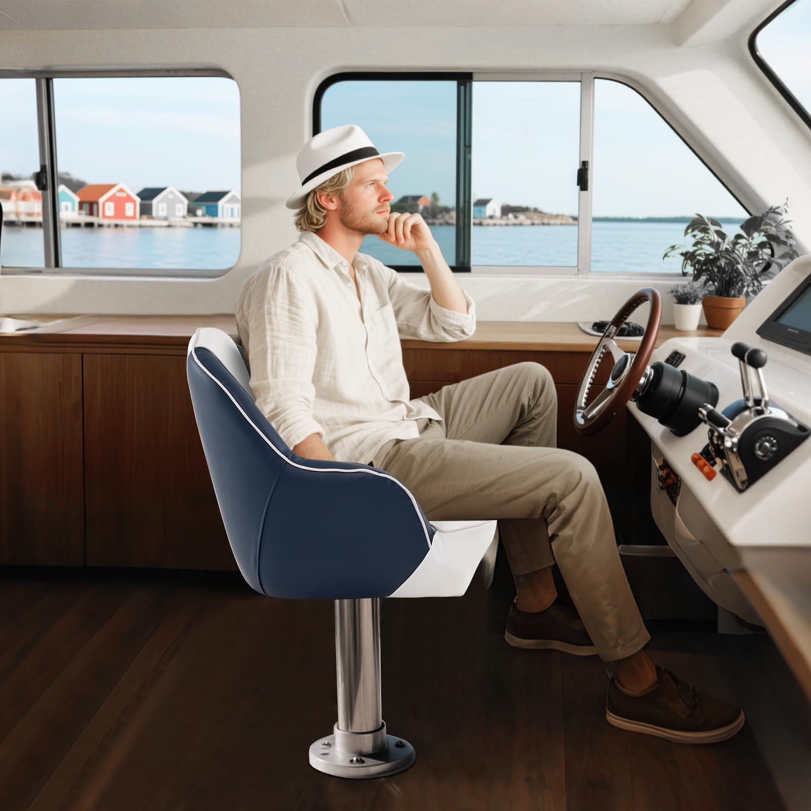 GOPLUS Siège de Bateau, Siège de Pilot avec Dossier, Chaise Pilotage Recouverte Cuir Artificiel et Rembourrée en Mousse, Design Ergonomique, pour Pêche, Yacht, Charge 150KG (Bleu,58x54,5x49 CM)
