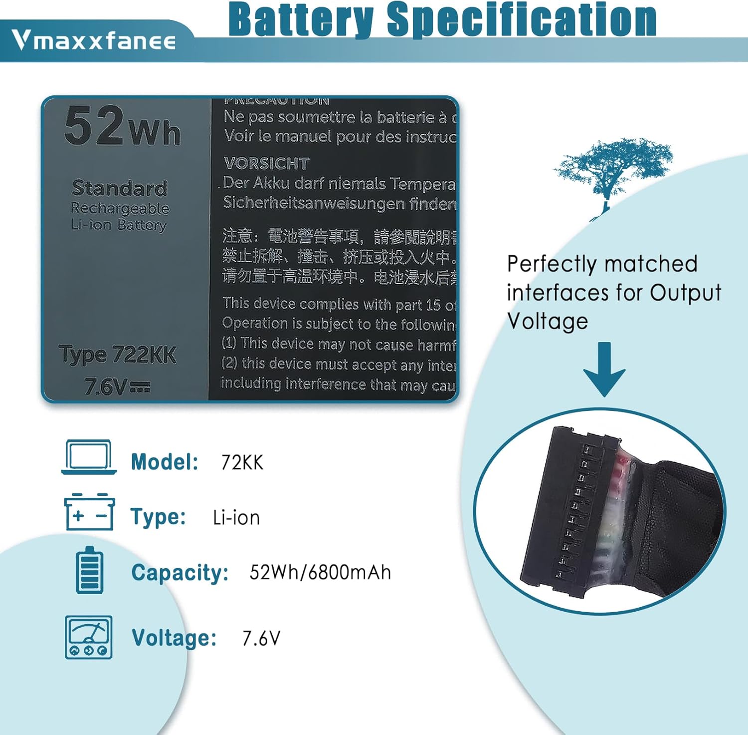 722KK 52Wh Laptop Battery Replacement for Dell XPS 13 9310 (2020), XPS 13 9300 (2020), XPS 13 9380 (2020) P117G001 P117G P117G002 Series WN0N0 0WN0N0 02XXFW 2XXFW FP86V 7.6V 6800mAh