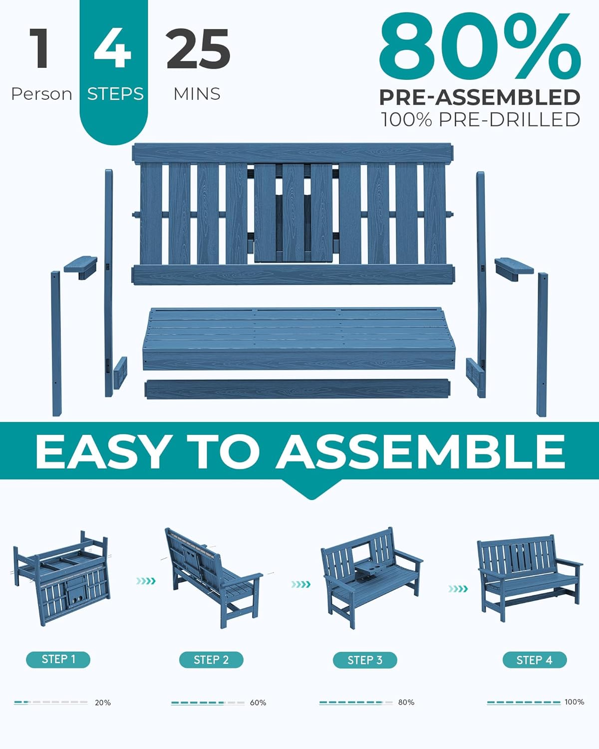 SERWALL Outdoor Bench with Cup Holder, 58" HDPE Front Porch Bench Suitable for 3 Person, All Weather Patio Benches with High Backrest and Wide Armrests for Garden, Park, Yard, Navy