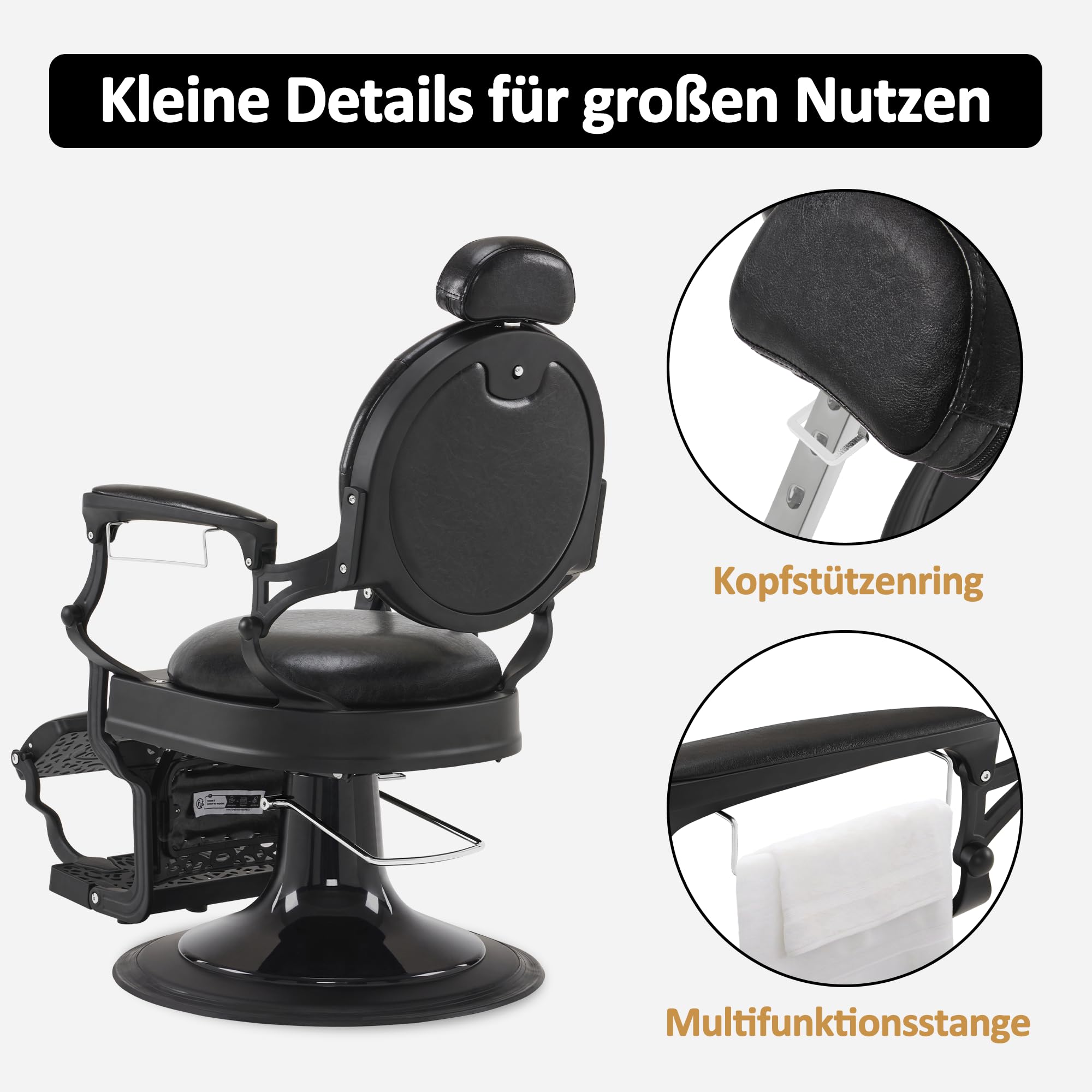Sedia da parrucchiere con poggiatesta inclinabile regolabile in altezza girevole 360° stile retrò nero