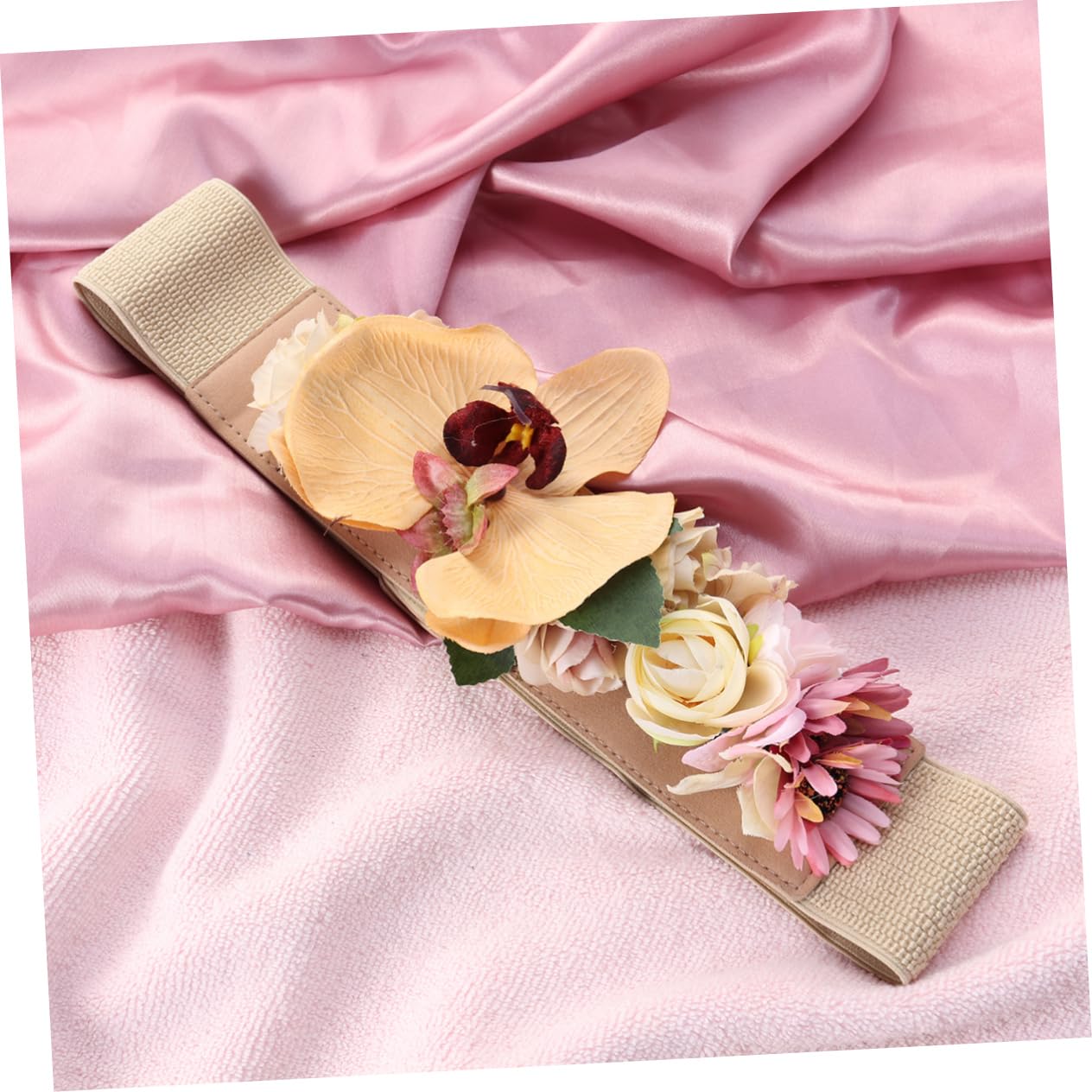 3piezas Cinturón De Flores Artificiales Para Mujer Banda Elástica Ancha Color Khaki Diseño Innovador Para Looks Únicos y Elegantes