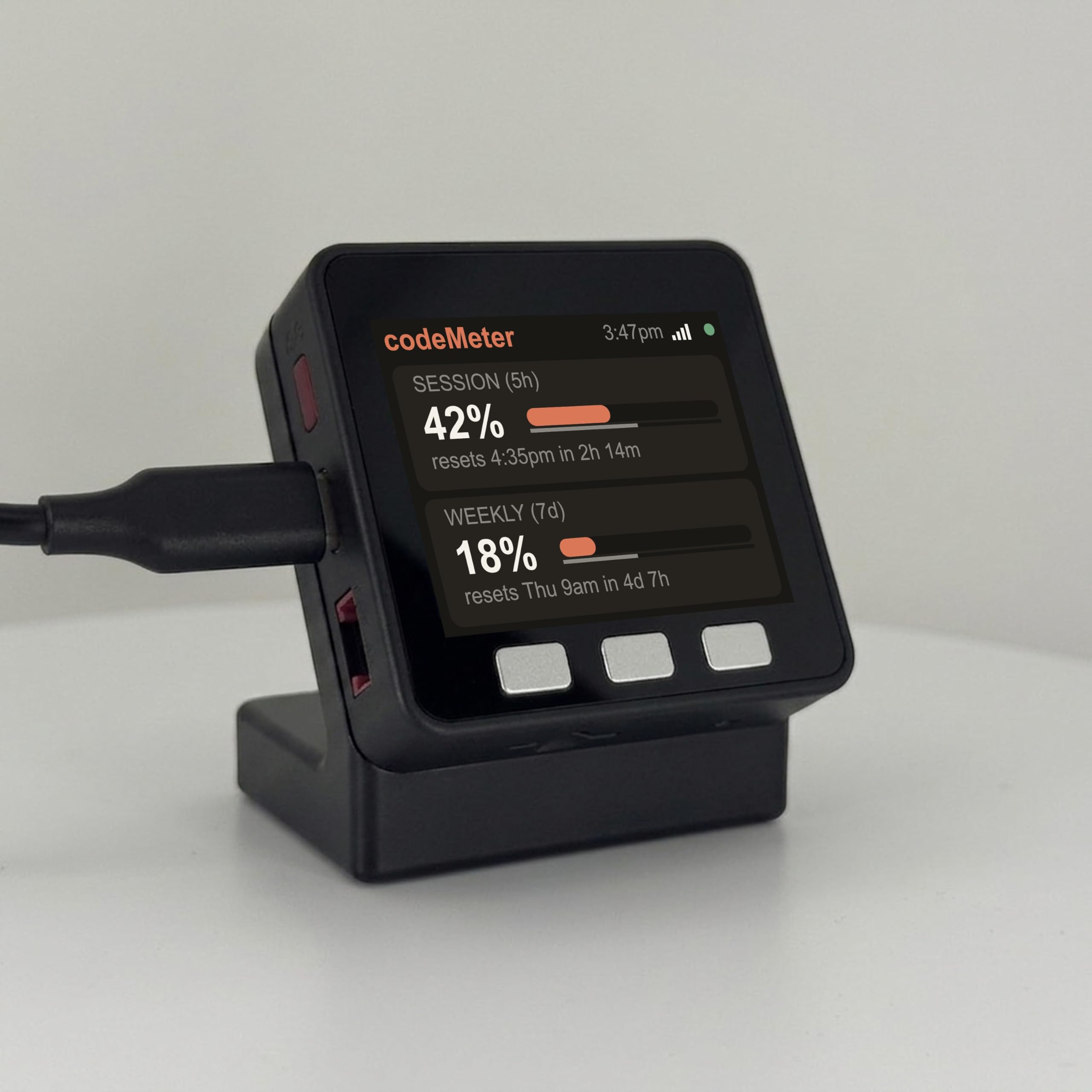 codeMeter Claude Code Usage Monitor, WiFi AI Coding Limit Tracker, 5 Hour and Weekly Usage Display, Anthropic Usage Meter, Developer Desk Gadget, Vibe Coding Gift (USB-C Black)
