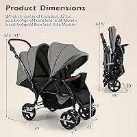 Vista 9 de INFANS Cochecito doble, cochecito plegable en tándem para bebé con respaldo ajustable, reposapiés de dosel, arnés de 5 puntos, canasta