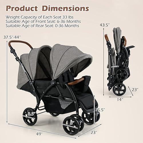 Miniatura 9 de INFANS Cochecito doble, cochecito plegable en tándem para bebé con respaldo ajustable, reposapiés de dosel, arnés de 5 puntos, canasta de