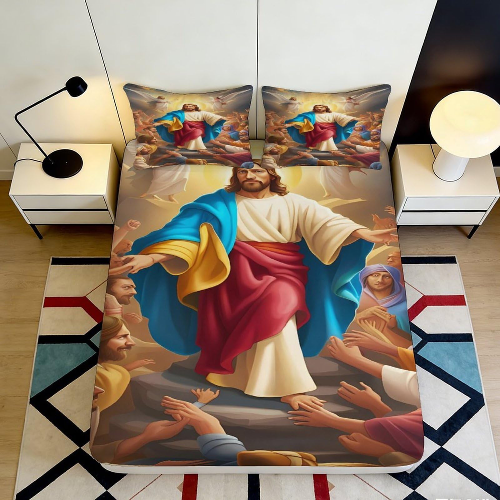 3D Printed Religious Jesus Pattern Fitted Sheet Microfiber Soft Breathable Christian Art Bed Cover for Bedroom Dormitory Guest Room Mattress Protection 120x200x25cm