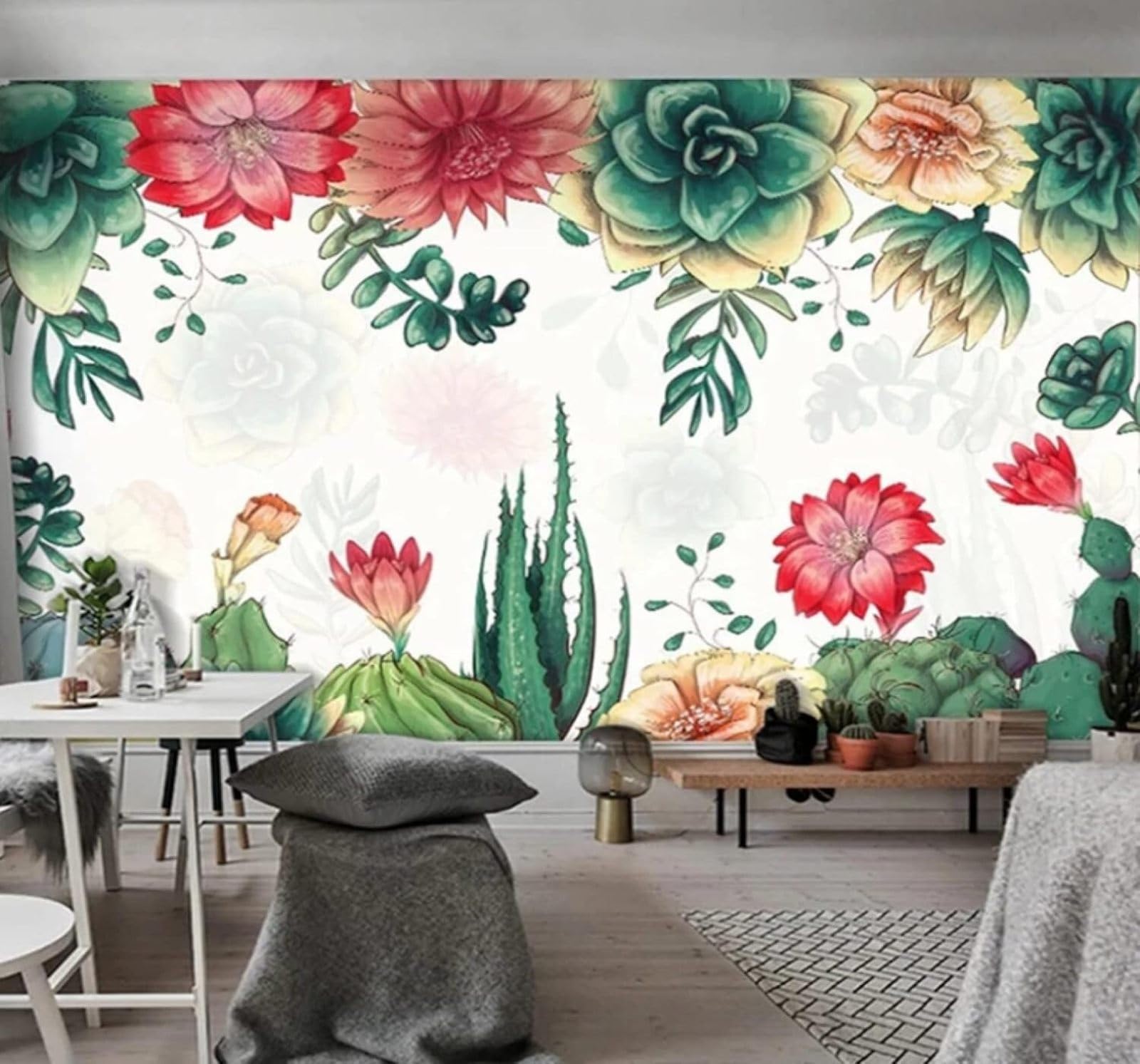 XLMING Fresh Green Cactus Beautiful Flowers 3D Wallpaper Luxury Home Dining Decor Paste Sofa Living Room The Wall for Bedroom Mural-400cm×280cm