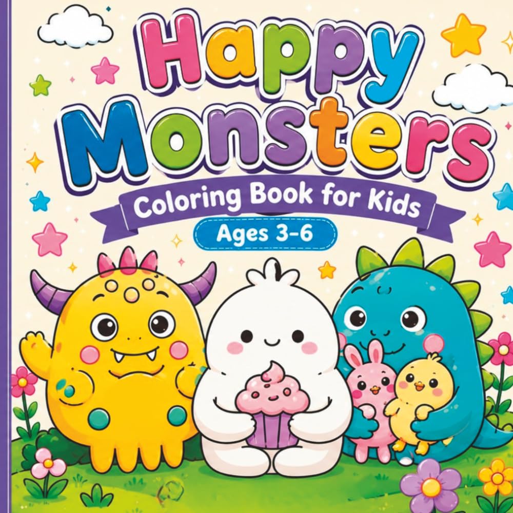 Happy Monsters Coloring Book for Kids Ages 3-6: 50 Cute & Easy Kawaii Monster Designs for Toddlers and Preschoolers: Fun and Simple Coloring Pages ... Animals, Sweets, Nature and Fantasy Scenes
