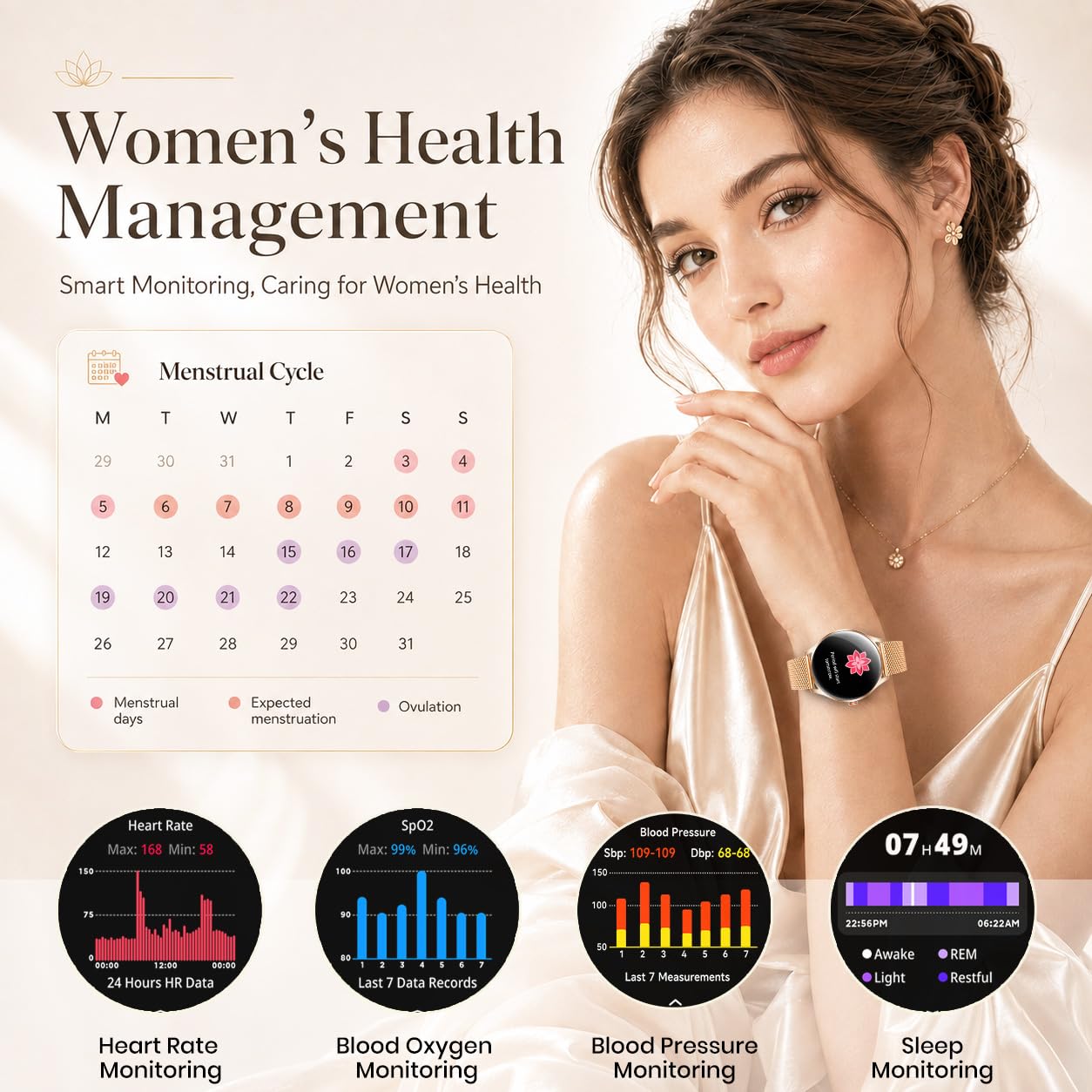 Montre Connectée Femme Sport Smartwatch: 1.27'' Ronde Montres Intelligente avec Appel Bluetooth Sante Moniteur de Sommeil Fonction Féminine SpO2 Etanche IP68 Podomètre Fitness Tracker pour Android iOS