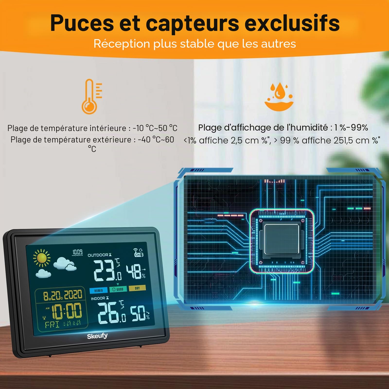 Skeufy Station météo radio avec capteur extérieur, température intérieure/extérieure, humidité, baromètre, écran couleur, prévisions