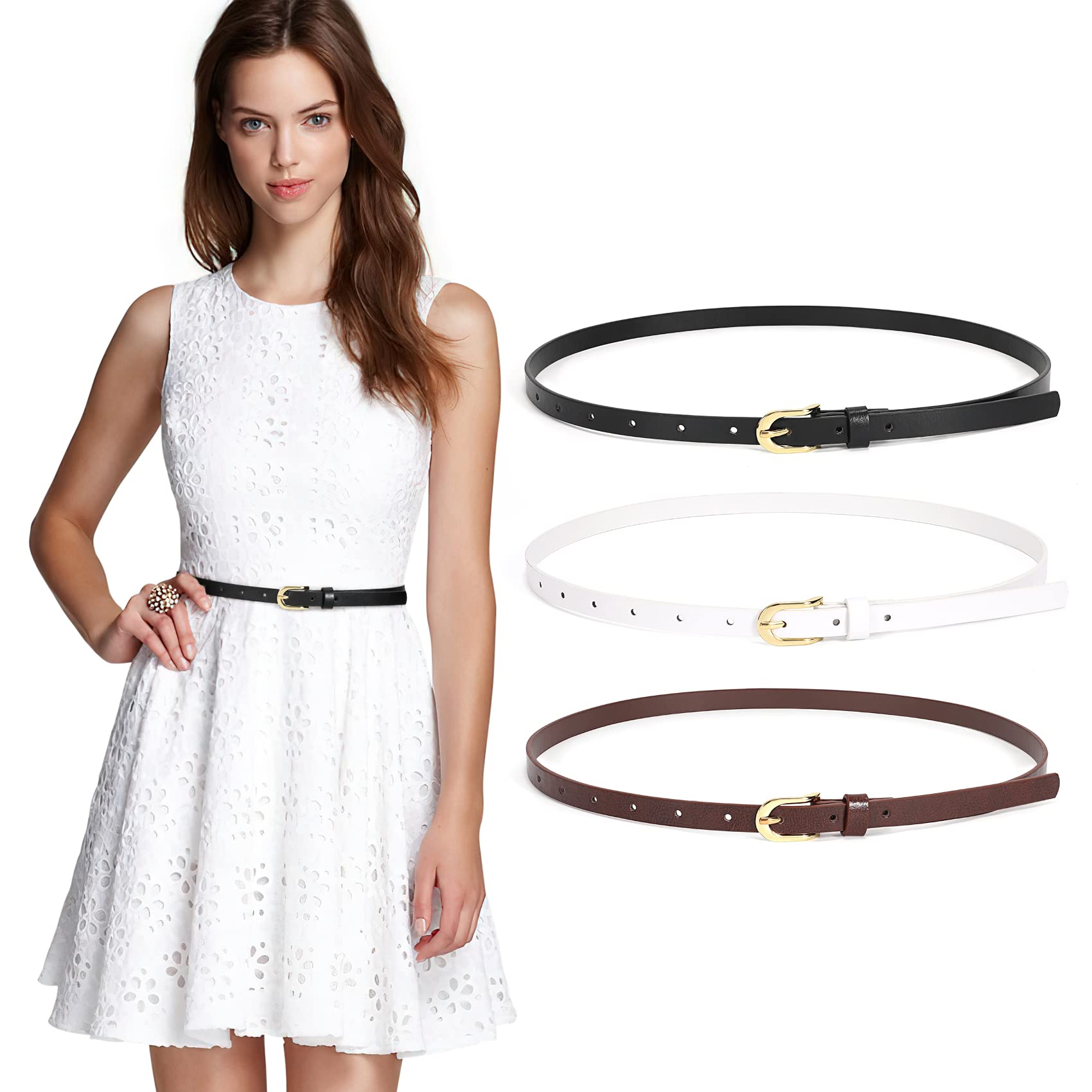 JASGOOD3 Pack Skinny Leather Chic Belt for Women, PU Leather Thin Belt with Metal Gold Buckle for Jeans Pants Dress