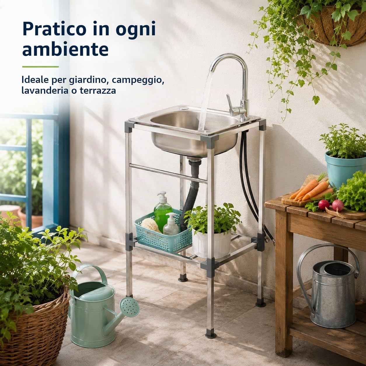Lavello autoportante in acciaio inox con 360°Rubinetto 42x37x83CM | Portata 60KG, in acciaio inox, per esterni, giardino, campeggio, camper, cortile, fattoria