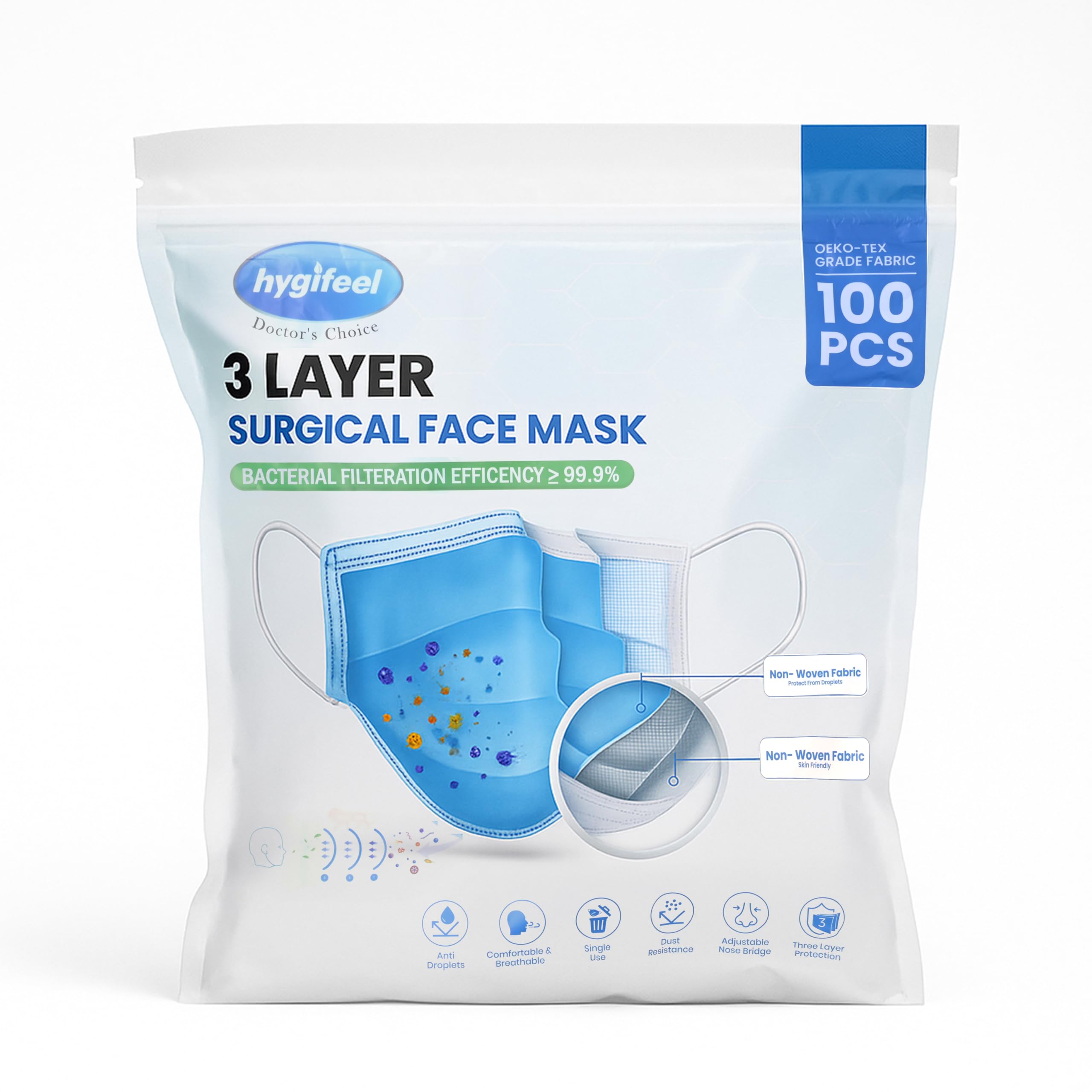 HYGIFEEL 3Ply Surgical Face Mask | Bacterial Filteration Efficiency ≥ 99.9% | Built-in Nose Clip (Pack of 100) | (BLUE) | Doctor's Choice | India's Top Medical Consumable Brand |