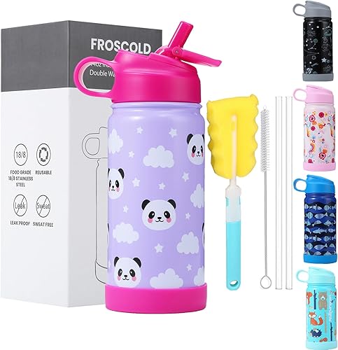 Miniatura 1 de FROSCOLD Botella de agua para niños con tapa de popote a prueba de fugas, sin polvo, botellas de agua de 14 onzas para niños con bota, botella de