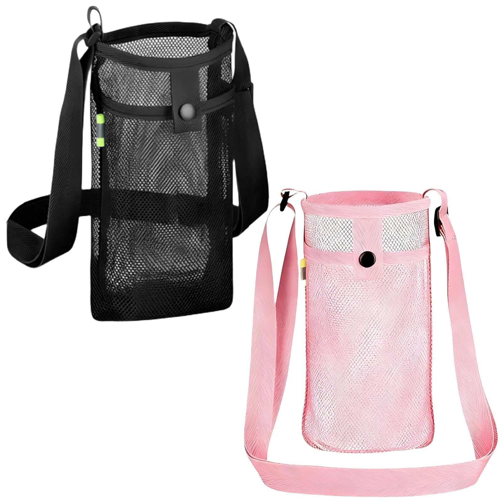 Sac de Bouteille d'eau en Filet, Porte Gourde Randonnée avec Bandoulière Réglable, pour Camping, Alpinisme (Schwarz, Rose)
