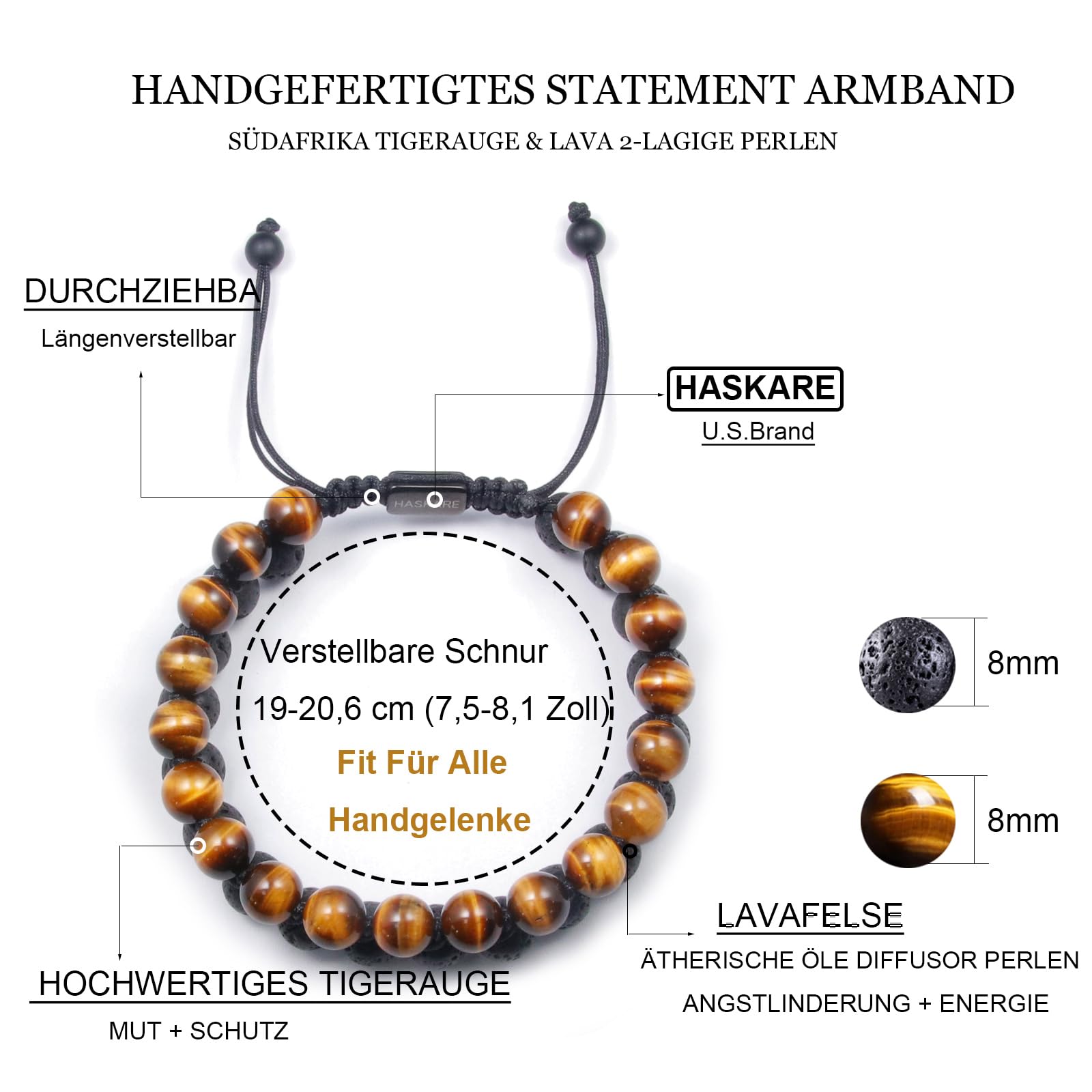 HASKARE Edelstein Armbänder Tigerauge Armband Herren Perlen, Hochwertiges Schmuck Kristall Armband Herren Naturstein Tigerauge Lavasteine Doppelte Armbänder 8MM, Heilende Geschenk für Männer