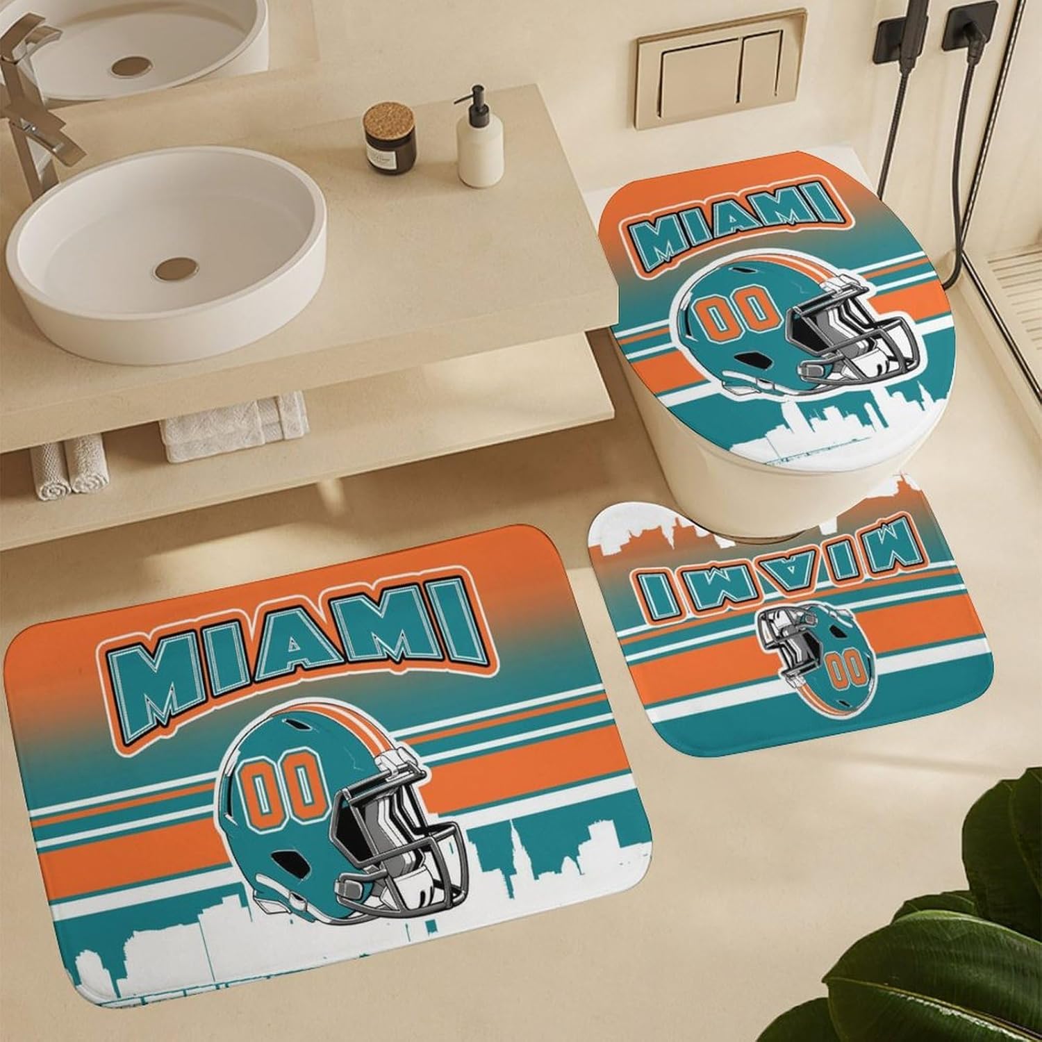 Custom 4PCS Miami Shower Curtain Set for Bathroom Personalized Name and Number Shower Curtain Bath Mat Toilet Mats for Women Men Teenager Boys 72 Inch X 72 Inch