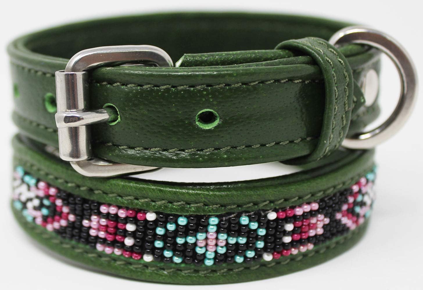XSmall 9''- 13'' Soft Genuine Leather Beaded Padded Dog Puppy Collar 60RT03GR