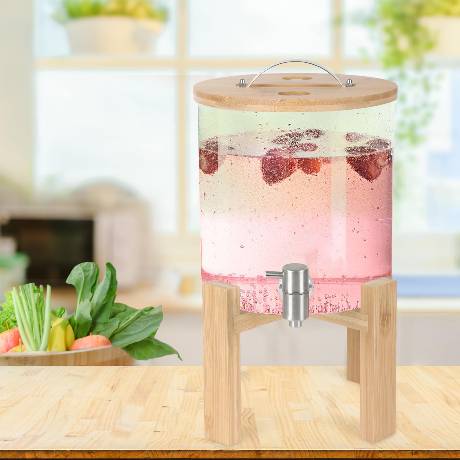 5L Glazen Drankdispenser met Kraan, 100% Lekvrije Drank Dispenser Stand Helder Glazen Potten Houten Doppen Water Dispenser Glazen Flessen voor Kantoor Camping Sap Drankjes Container 1l