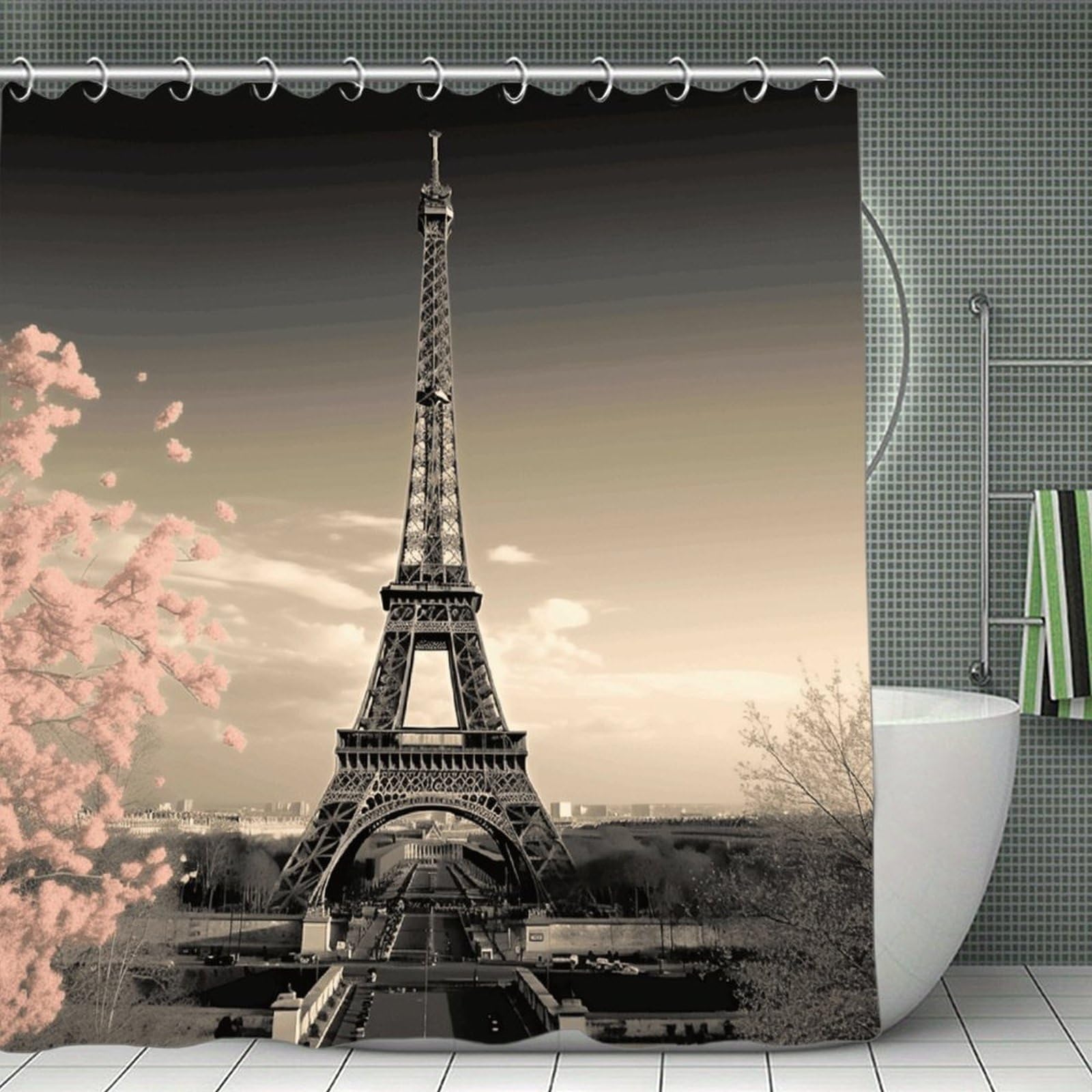 VstaDank Paris Tower Shower Curtain Waterproof Bathroom Curtain with Hooks Luxury Weighted Bath Curtains for Bathtubs Showers Room Dividers Decorative Shower Curtains 71x71 in