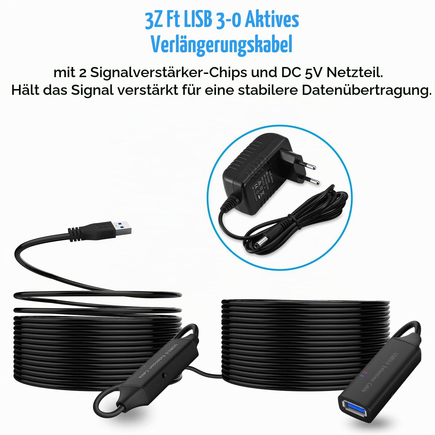 RSHTECH 10M USB 3.0 Verlängerung Kabel mit 5V/2A Netzteil (10W), RSH-10M | Aktiv USB 5Gbps Verlängerungskabel - mit Verlängerung Chipsatz, Signalverstärker, Repeater
