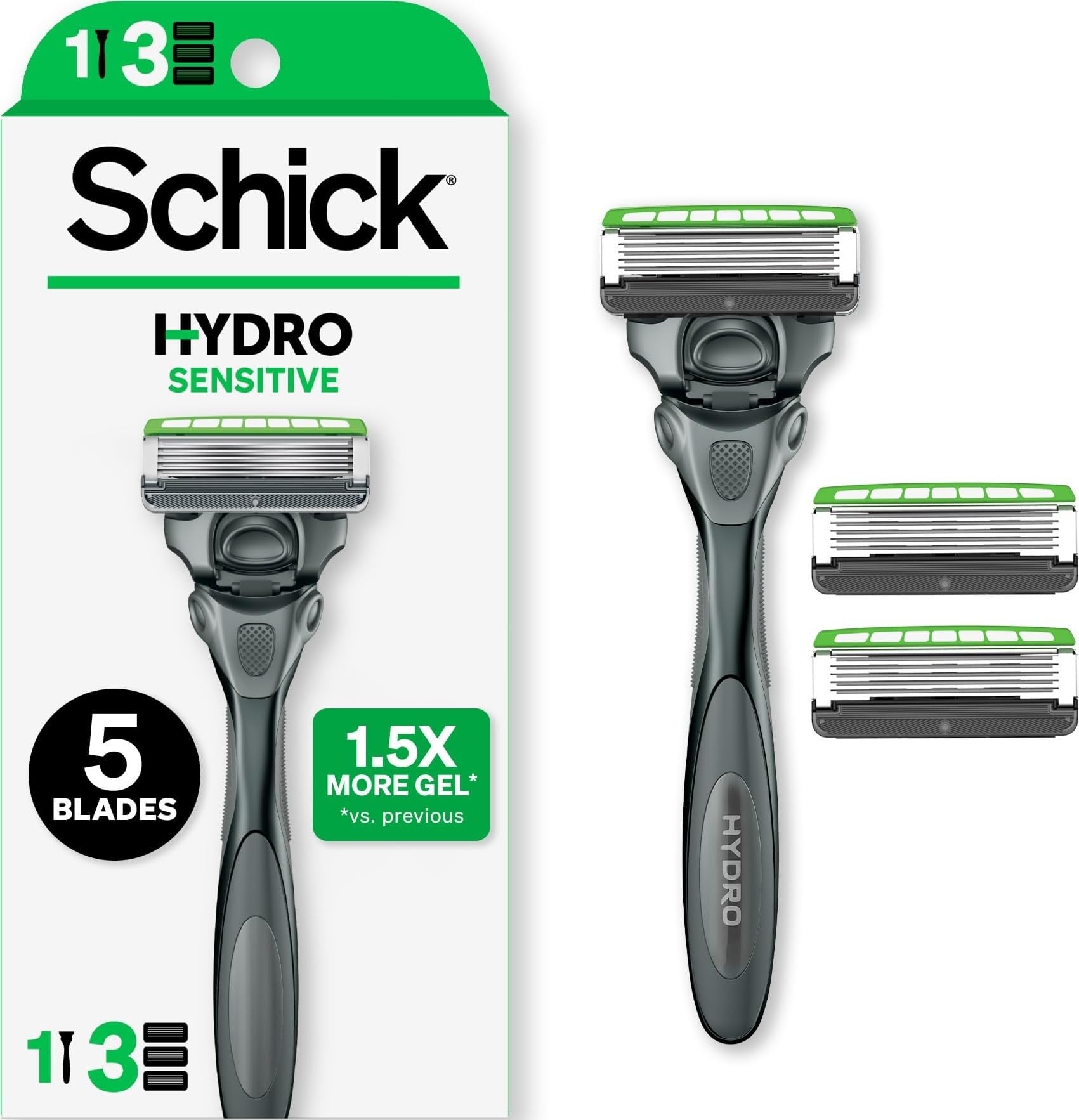 Schick Hydro Sensitive 5-Blade Razors for Men, 1 Handle & 3 Refills 1 Count (Pack of 1)