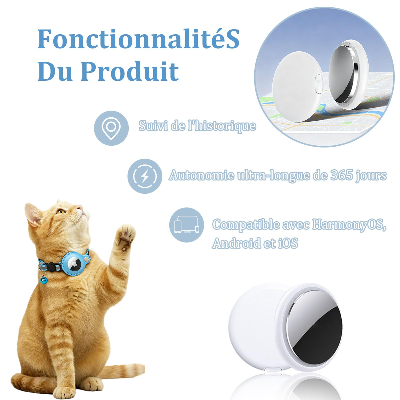 Collar GPS Gato, GPS para Gatos sin suscripción, Posicionamiento Auxiliar, Historial de ubicaciones con Sistema Antiestrangulamiento, Compatible con Los Sistemas iOS y Android