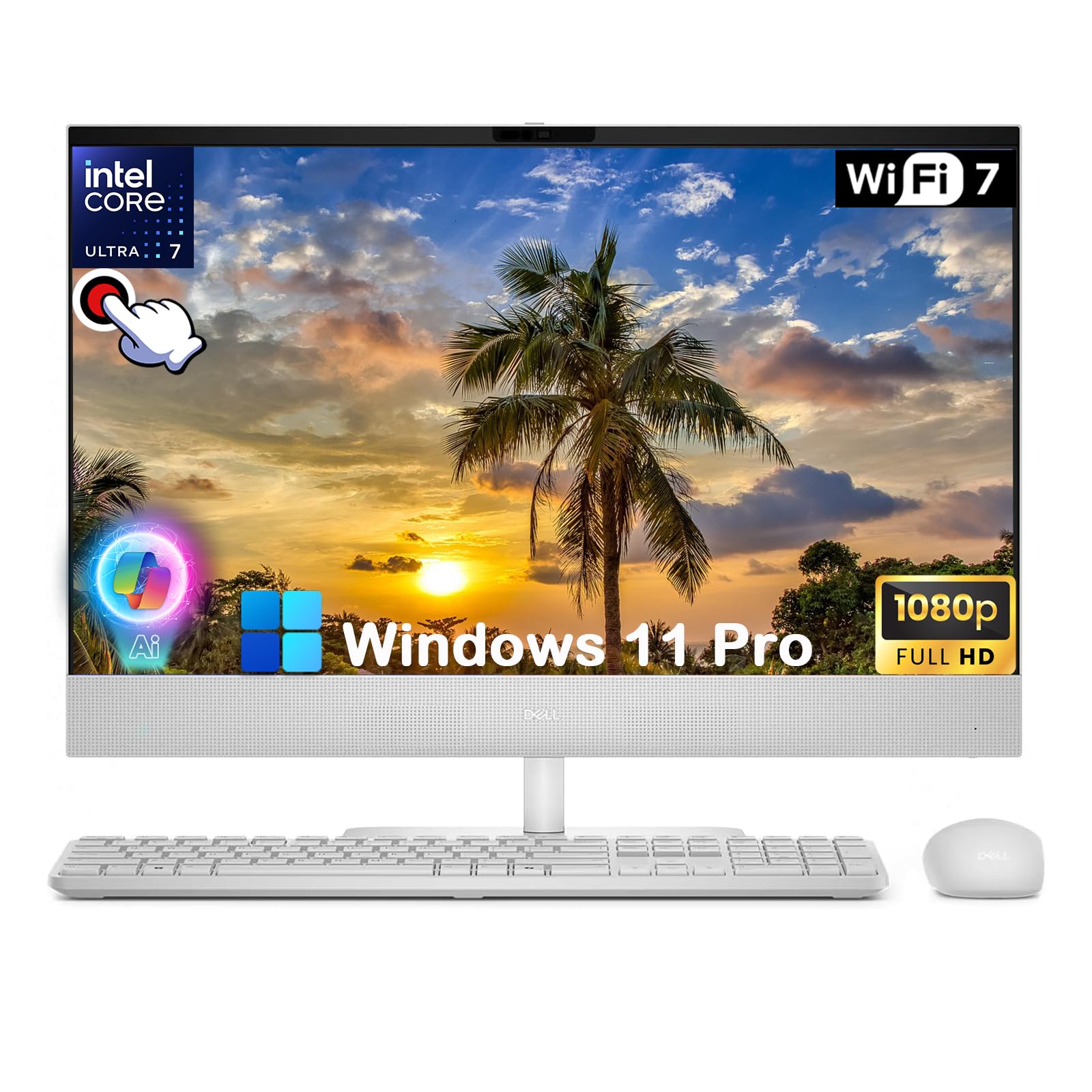 Dell 24 Touchscreen All-in-One Desktop, Intel Ultra 7-355, 32GB RAM, 1T SSD | 23.8" FHD IPS Touch Display, Windows 11 Pro, WiFi 7, Copilot+ AI PC, 99% sRGB, RJ-45, Wireless Keyboard & Mouse