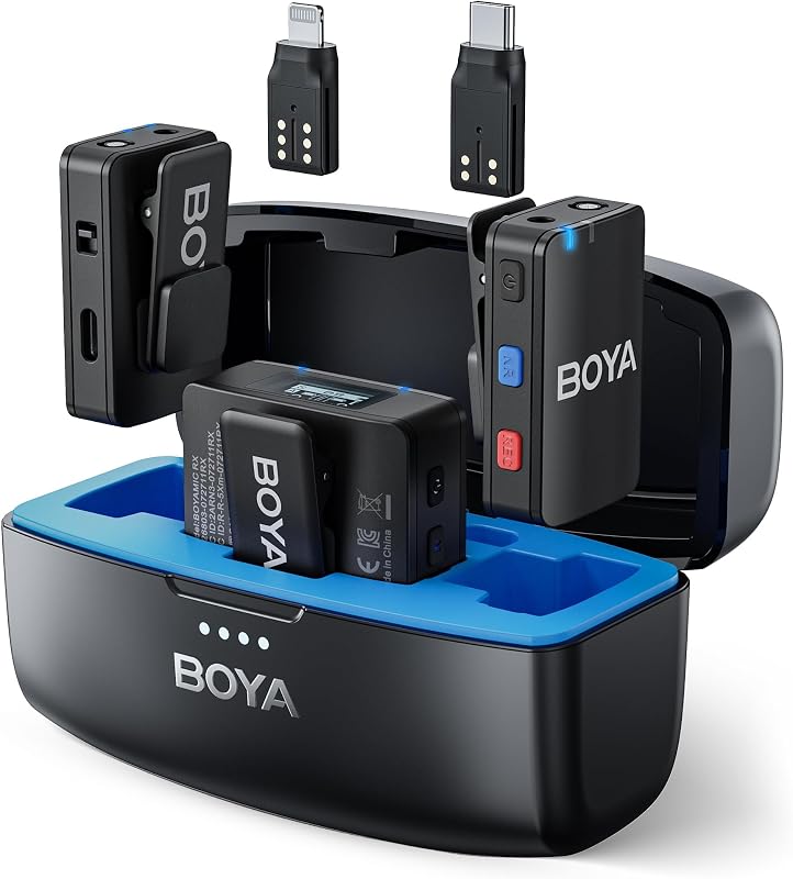 BOYA Wireless Lavalier mikrofon iPhone Android kamerához, 950 méter hatótáv, 10 órás akkumulátor - blue