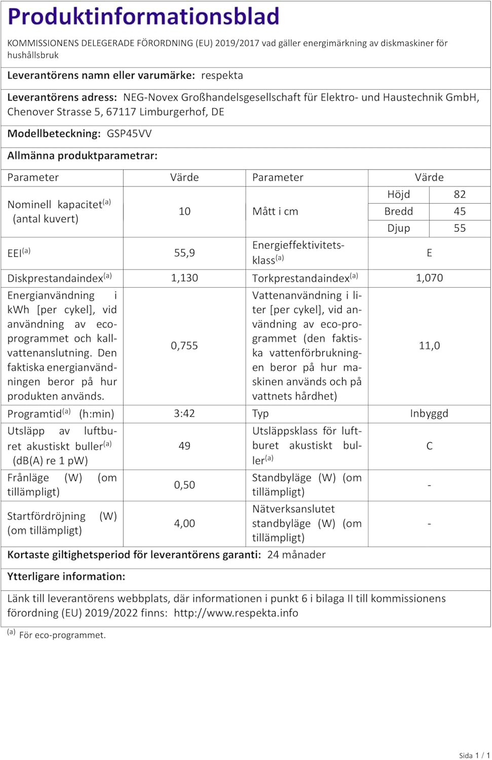Energy label for Respekta GSP45VV Dishwasher showing E energy class, 76 kWh/100 cycles, 10 place settings, 11.0 L water, 49 dB noise, and 3:42 program duration.