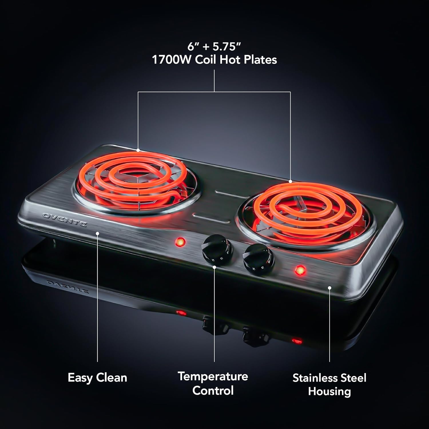 OVENTE Electric Countertop Double Burner, 1700W Cooktop with 6" and 5.75" Stainless Steel Coil Hot Plates, 5 Level Temperature Control, Indicator Lights and Easy to Clean Cooking Stove, Silver BGC102S