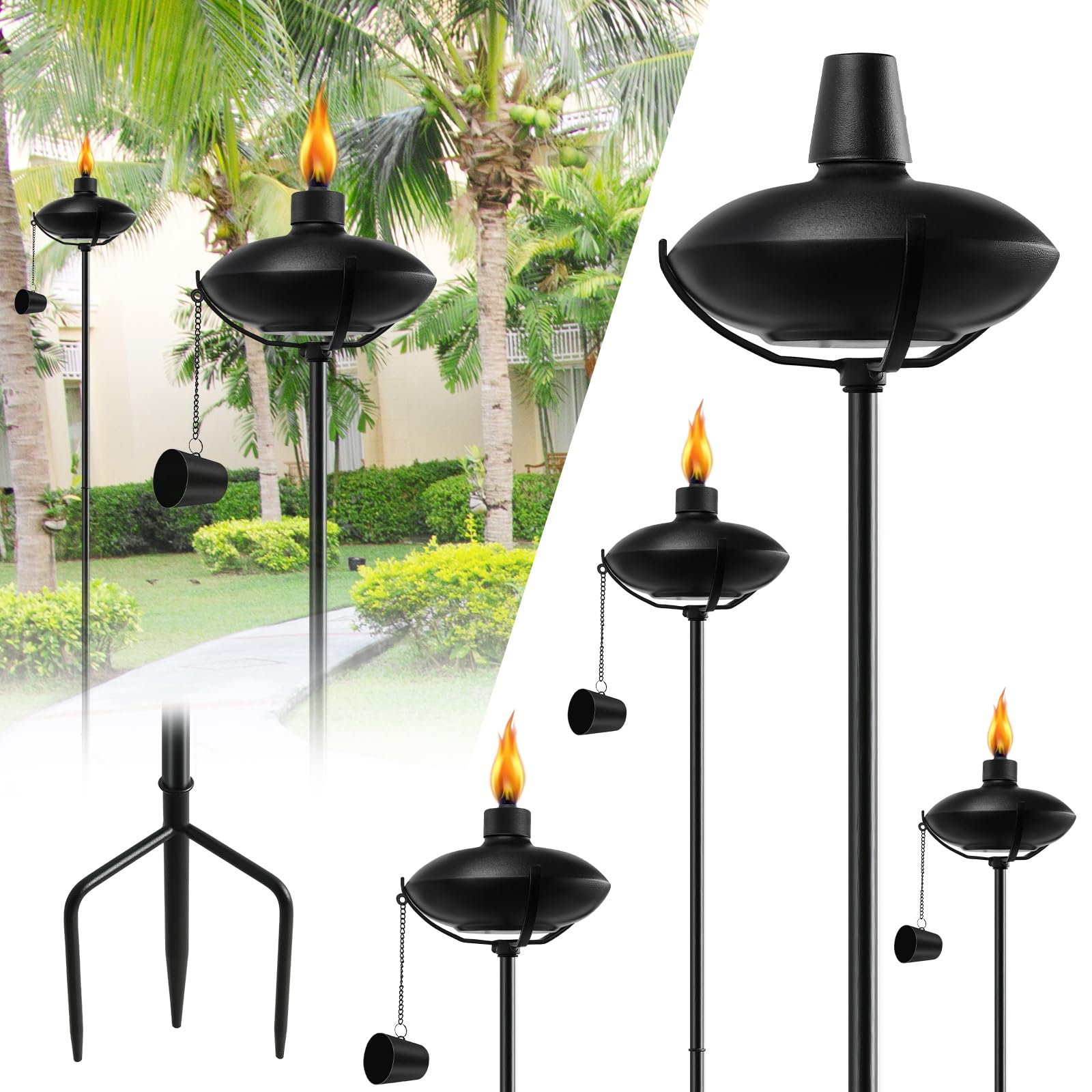 FAN-Torches 6 Pack Home Garden Torch, Outdoor Metal Torch Garden Décor,55-Inch Upgraded Citronella Torches with 3-Prong Grounded Stake, Metal Light Torches for Party Patio Pathway (More Stable)