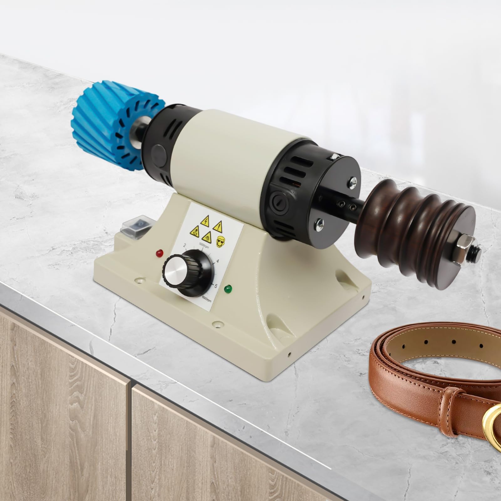 Pulidora De Cuero 350W 0-8000 Tr/Min, Lijadora De Bordes, Máquina De Pulido Y Marrón De Cuero Eléctrico, Con Rueda De Combustión De Madera, 6 Mangas De Lijado, Lijado Artículos De Cuero