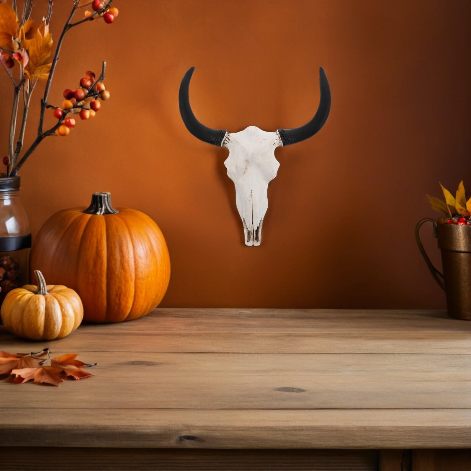HOOTNEE Decorazione da Parete in Resina Corna Curve Teschio Gotico per Arredamento Rustico di Baita Stile Western o Caverna per Uomini per Tema Halloween