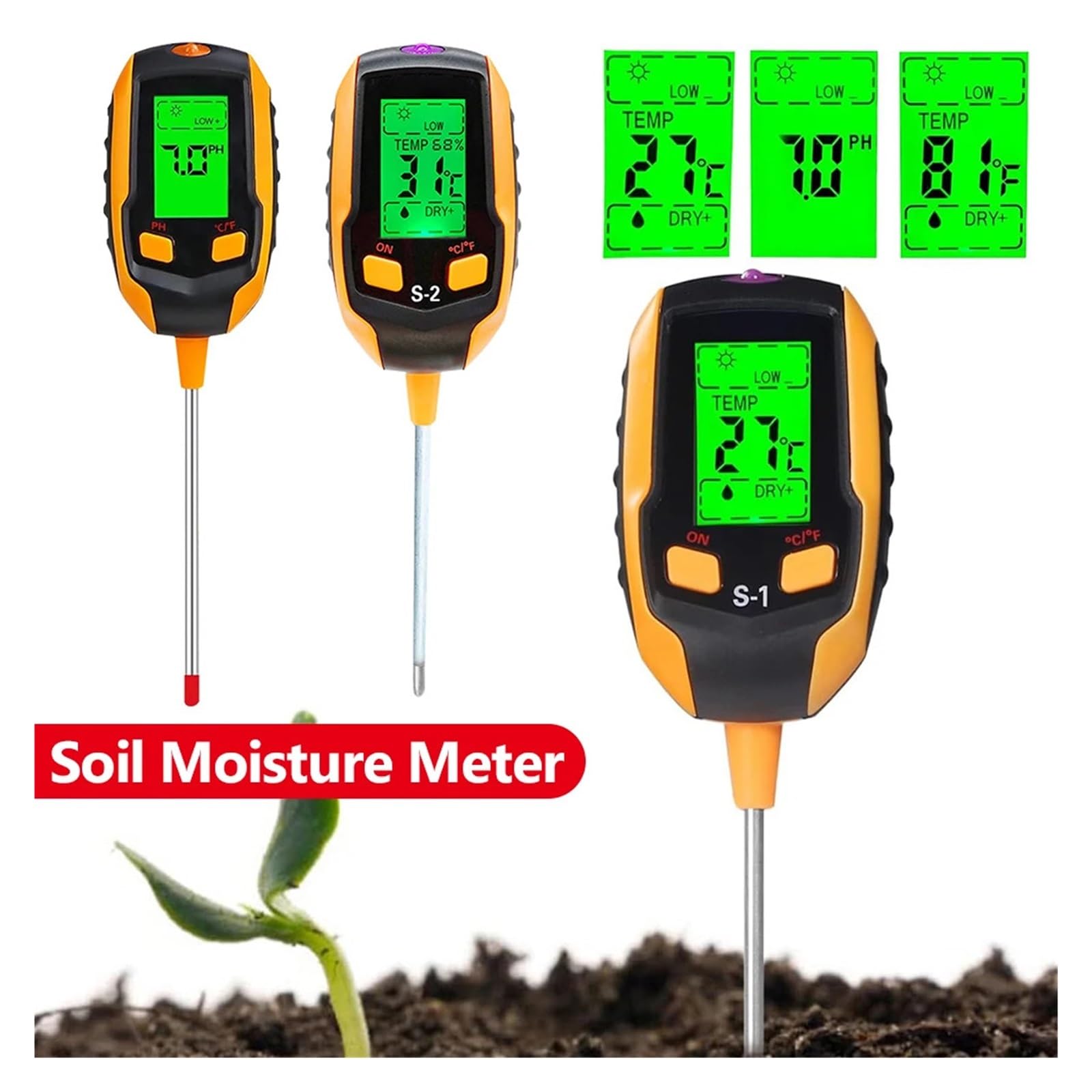 Misuratore di pH, misuratore acidità, illuminamento, temperatura, igrometro, umidità, 5 in 1/4 in 1 for vasi domestici Giardinaggio, Agricoltura(5 IN 1)