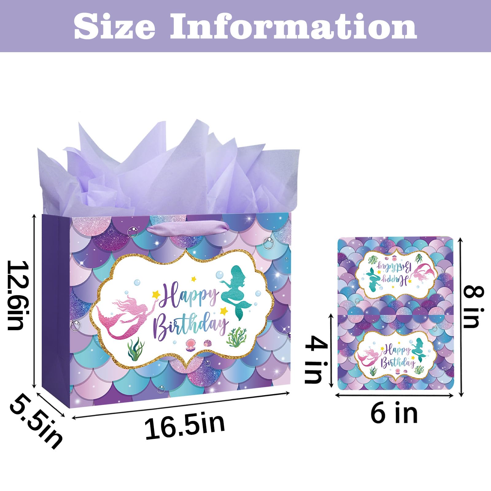 16.5" Large Mermaid Happy Birthday Gift Bag with Handle, Tissue Paper and Card for Kids Girls (16.5in Purple)