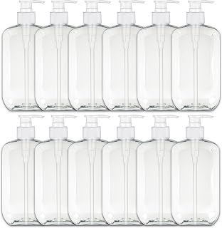 16 oz Plastic PET Empty Bottles with Dispenser Pump(12 Pack) Clear, Rectangular Shape, Made in USA