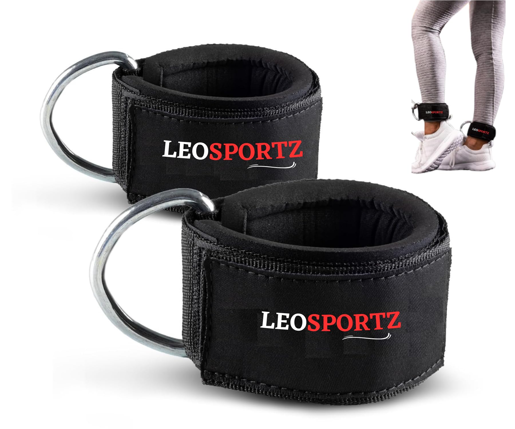 Leosportz®️ Ankle Strap for Gym Cable Machine (Pair)- Heavy D Ring Padded Ankle Band for Gym Workout | Cuff Attachment Kickbacks Leg Extensions Glutes Exercises for Men and Women (Black without Hook) (Black)-image-16